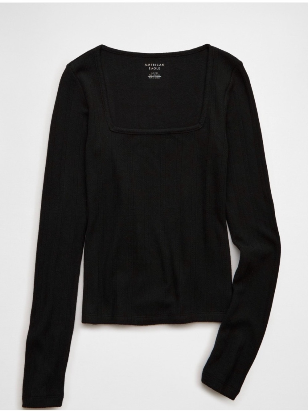 American Eagle Outfitters Black Square-Neck Ribbed Long Sleeve Top